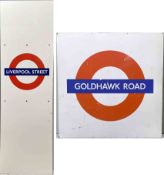 Pair of London Underground PLATFORM SIGNS comprising an enamel panel from Liverpool Street measuring