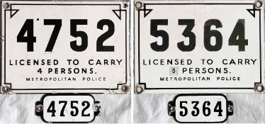 2 pairs of London Taxi enamel LICENCE PLATES (4752 and 5364) of the older type issued by the