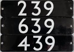 Full set of 3 London Underground 1973 Tube Stock enamel STOCKNUMBER PLATES from a 3-car unit: 239,