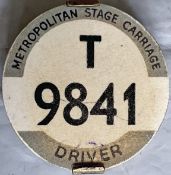 London Tram & Trolleybus Driver's METROPOLITAN STAGE CARRIAGE BADGE T 9841. Equivalent to PSV