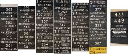 Pair of London RF bus DESTINATION BLINDS, both coded L, firstly a 1976 example from Hemel