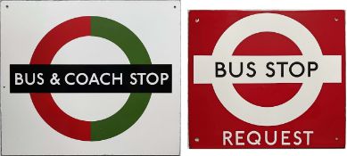 Pair of 1950s/60s London Transport enamel BUS STOP SIGNS, the first a bus & coach compulsory, the