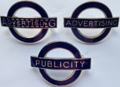 Trio of London Transport CAP BADGES comprising 'Advertising' x 2 (pre-WW2 and 1950s issues) and