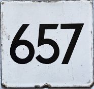 London Transport bus stop enamel E-PLATE for trolleybus route 657. A very early e-plate, possibly