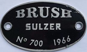 Diesel cast-alloy Class 47 WORKSPLATE 'Brush Sulzer No 700 1966' from D1938 first allocated to 86A