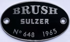 Diesel cast-alloy Class 47 WORKSPLATE 'Brush Sulzer No 648 1965' from D1886 first allocated to 40B