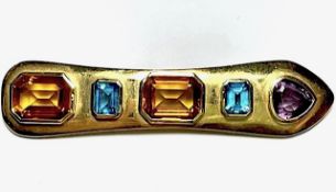 Anstecknadel mit Citrin, Blautopas und Amethyst