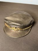 VINTAGE LEATHER BIKER CAP WITH CHAIN AND EAGLE