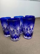 SET OF 5 COBALT BLUE CUT CRYSTAL DRINKING ROCK GLASSES TUMBLER