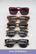 Five Ace & Tate Sunglasses, 1x Brigitte Red Velvet, 1x Clay Sugar Man, 1x Andy Maple Syrup, 1x Henri