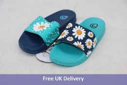 Nine pairs of Dedoles Kid's Sliders to include 3x Avacado Love, UK 13, 3x Waves, UK 13 and 3x Daisy