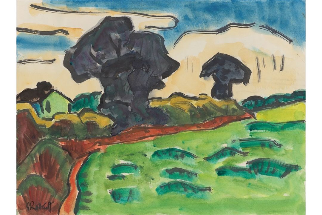 Karl Schmidt-Rottluff. Landschaft mit dunklen Bäumen. Um 1962 - Bild 1 aus 3