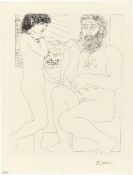 Pablo Picasso. ”Sculpteur songeant, modèle aux cheveux noirs et bol avec trois anémones”. 1933