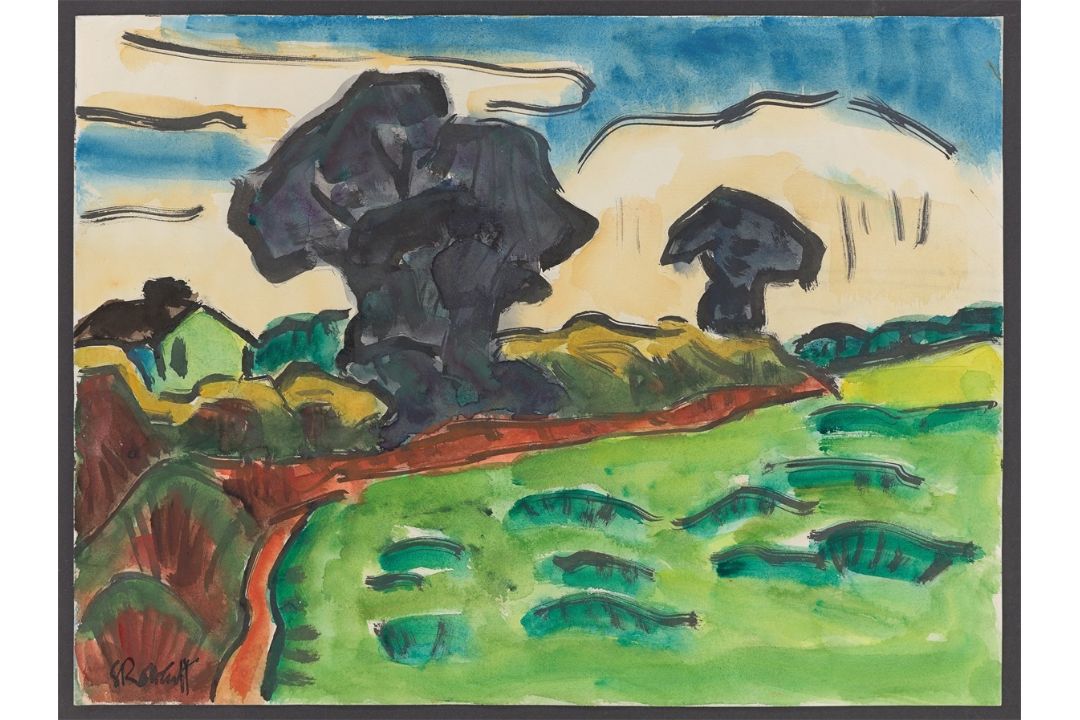 Karl Schmidt-Rottluff. Landschaft mit dunklen Bäumen. Um 1962 - Bild 2 aus 3