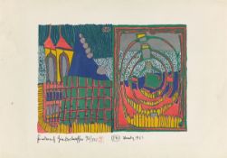Friedensreich Hundertwasser. ”Haus und Spirale im Regen”. 1963