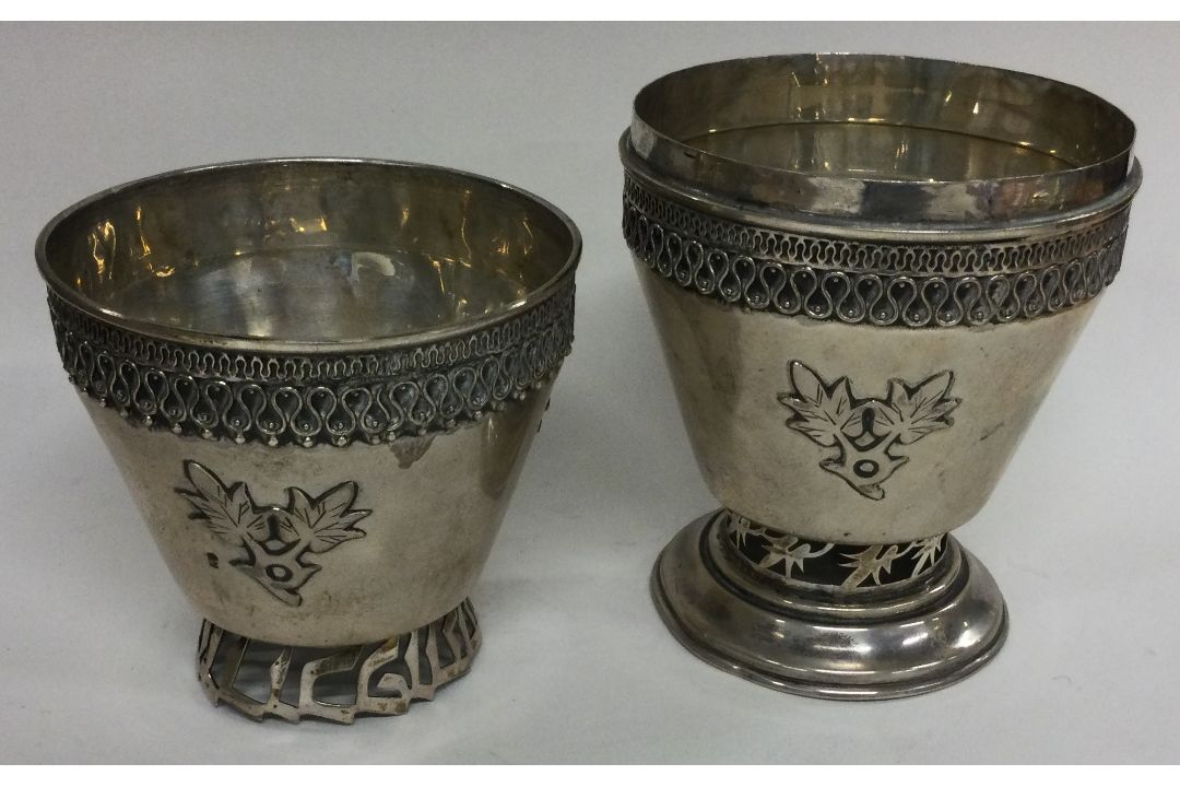 A Judaica silver double beaker with pierced decoration and Hebrew script. Marked to base. - Image 2 of 2