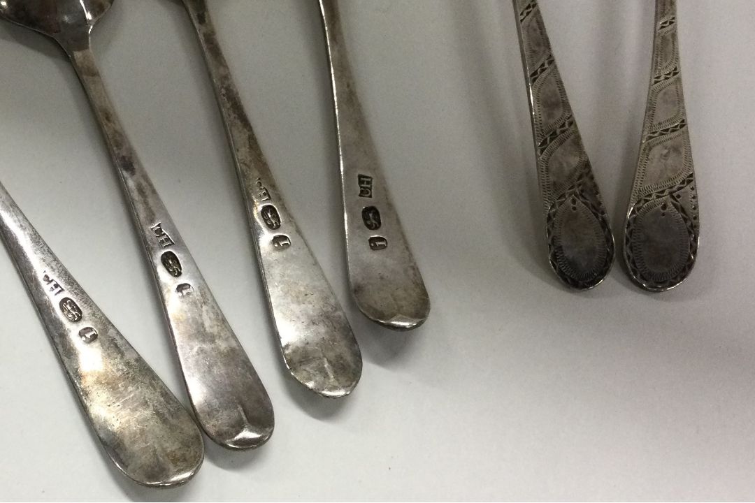 A set of six 18th Century silver bright-cut spoons. - Image 3 of 3