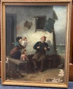 J HARRISON: A gilt framed oil on canvas depicting a fisherman's family.