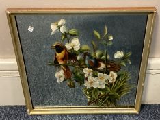 A gilt framed mirror hand painted with birds and flowers.