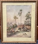 F E FUREIELL?: A framed and glazed watercolour depicting an Indian village.