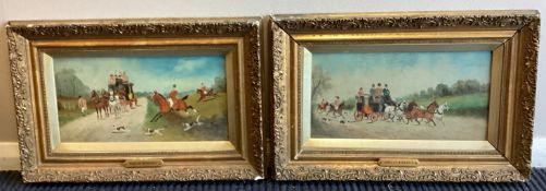 A pair of gilt framed oils on board depicting horse and hound hunting scenes with coaches.