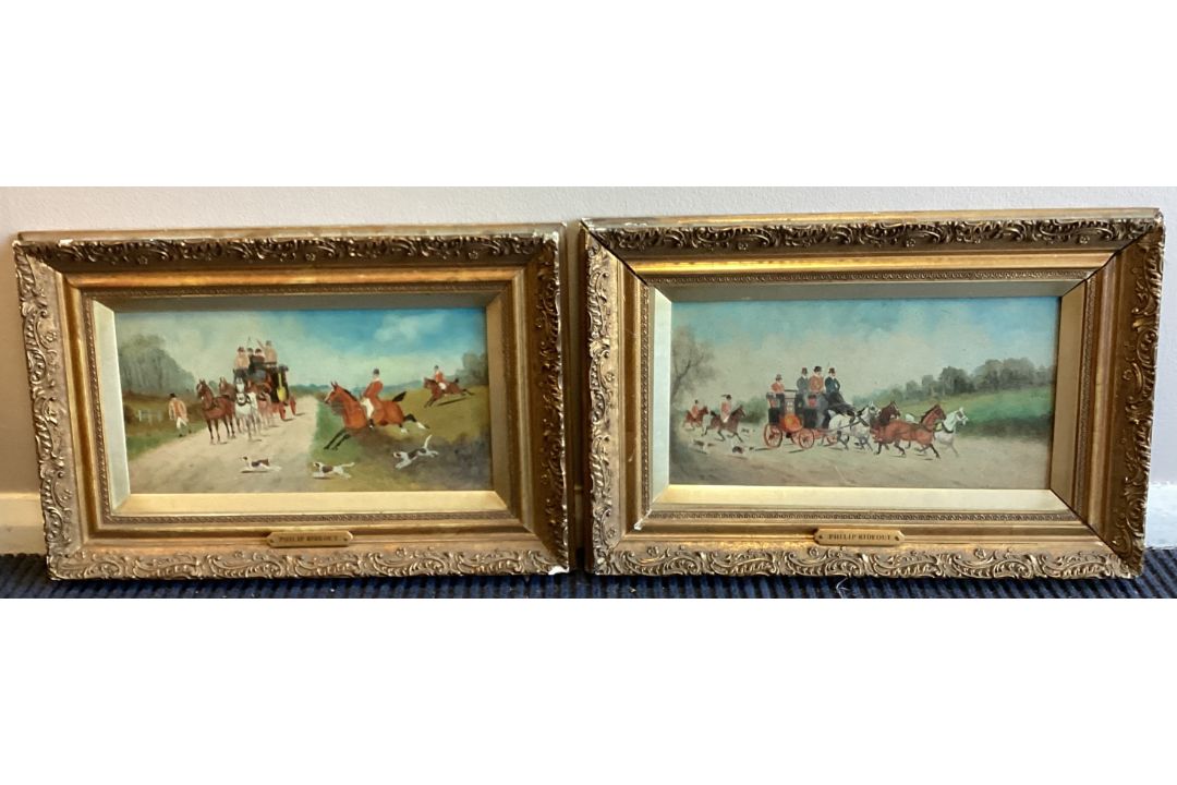 A pair of gilt framed oils on board depicting horse and hound hunting scenes with coaches. - Image 1 of 4