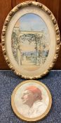 Two framed and glazed oval watercolours; one depicting an Italian veranda scene.