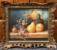 A framed oil on panel depicting a still life with fruit. Monogrammed EL to bottom right.