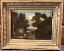ENGLISH SCHOOL: A gilt framed and glazed 19th Century oil on canvas depicting cattle in a glade.