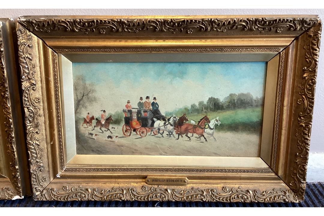 A pair of gilt framed oils on board depicting horse and hound hunting scenes with coaches. - Image 2 of 4