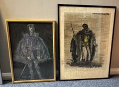 A gilt framed and glazed pastel on black paper entitled 'MALCOLM ACT II' together with one other.