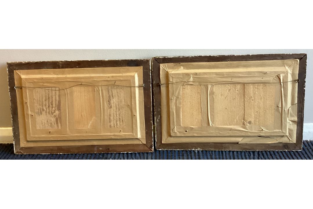 A pair of gilt framed oils on board depicting horse and hound hunting scenes with coaches. - Image 4 of 4