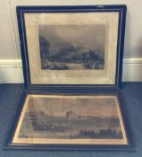Two old framed and glazed prints depicting Doncaster races and boats on a river.
