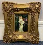 A gilt framed B West competent copy of a woman with child looking at flowers.