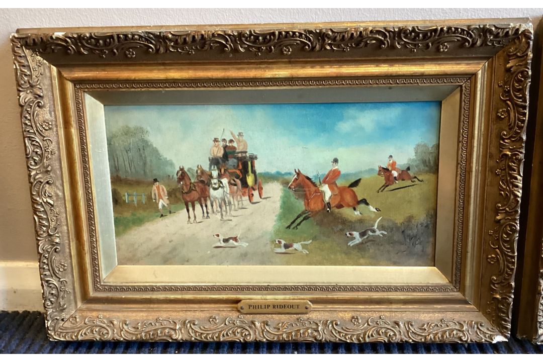 A pair of gilt framed oils on board depicting horse and hound hunting scenes with coaches. - Image 3 of 4