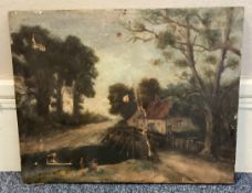 An unframed oil on canvas depicting a cottage by a bridge with fishermen at the stream.