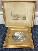 A gilt framed and glazed watercolour depicting central red figure and silhouettes.