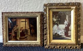 Two gilt framed reverse glass paintings depicting classical scenes of ladies.