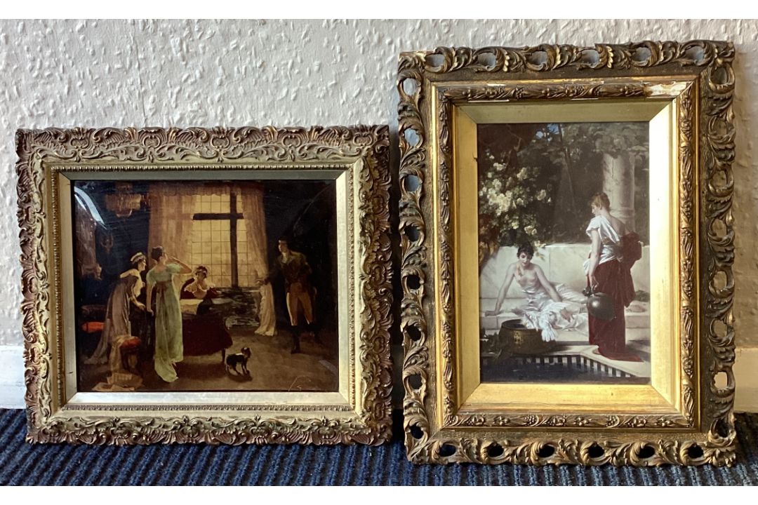 Two gilt framed reverse glass paintings depicting classical scenes of ladies. - Image 1 of 2