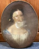An unframed oil on oval canvas depicting an unfinished portrait of a lady.