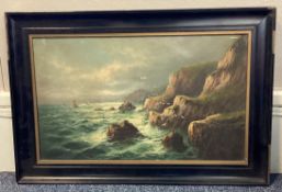 FRANK HIDER: (British, 1861 - 1933): A framed oil on canvas depicting sail boats on stormy seas.