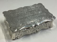 A large rectangular Victorian silver table snuff box bearing inscription.