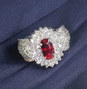 14 K / 585 White Gold Designer Ruby ( Lotus Certified ) and Diamond Ring