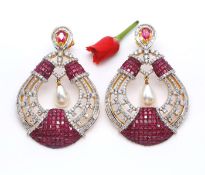 Old Heritage 14 K Yellow Gold Diamond, Ruby & Pearl Necklace Pendant Set & Chandelier Earrings