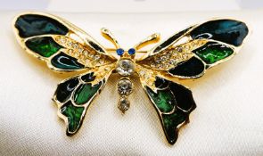 Large Vintage Gold Plated Enamel & Crystal Butterfly Brooch with Gift Pouch