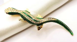 Vintage Green Enamel & Crystal Lizard Brooch with Gift Pouch