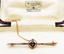 Antique 9K Gold Amethyst & Seed Pearl Brooch with Gift Box