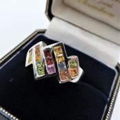 Tutti Frutti Multi Gemstone Ring Sterling Silver New with Gift Pouch
