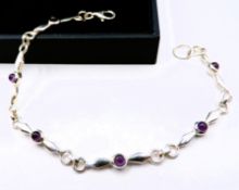 Artisan Sterling Silver Cabochon Amethyst Gemstone Bracelet with Gift Pouch