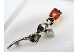 Vintage Artisan Sterling Silver Baltic Amber Rose Head Brooch